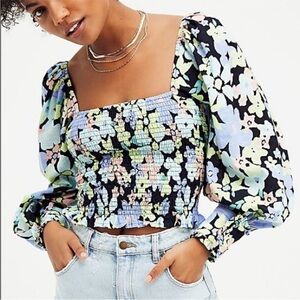 Free People Ariana Top in Retro floral smocked crop blouse small B5